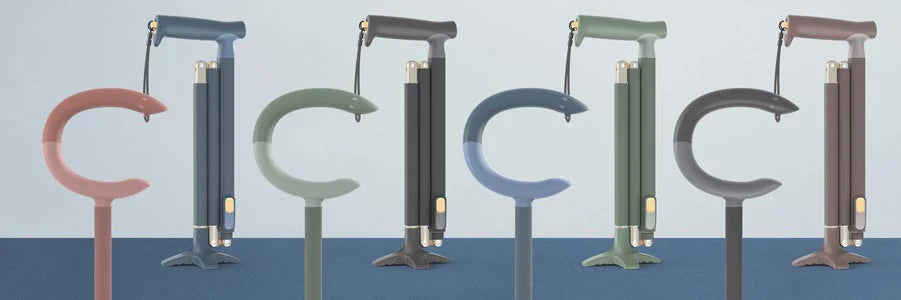 C-Grip and Quick Fold Canes alternating with different colors on two tone blue background