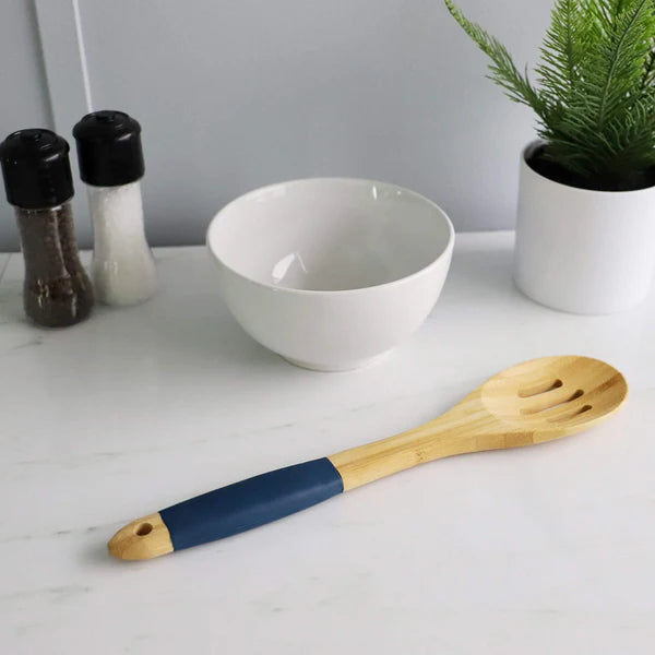 Slotted Bamboo Spoon with Indigo Silicone Handle