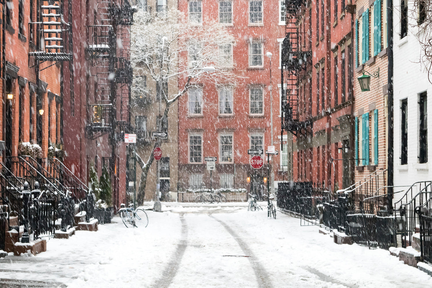 snowy day in city