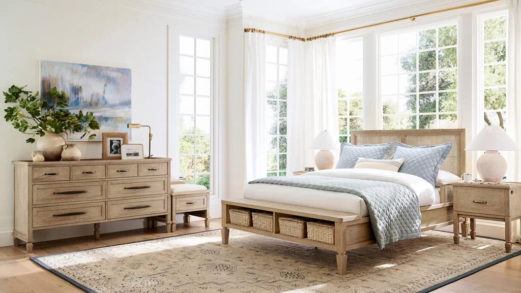 sausalito ada bed with armrests side table, dreseser, and bench