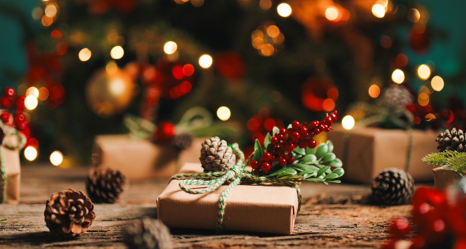 wrapped present with pinecones