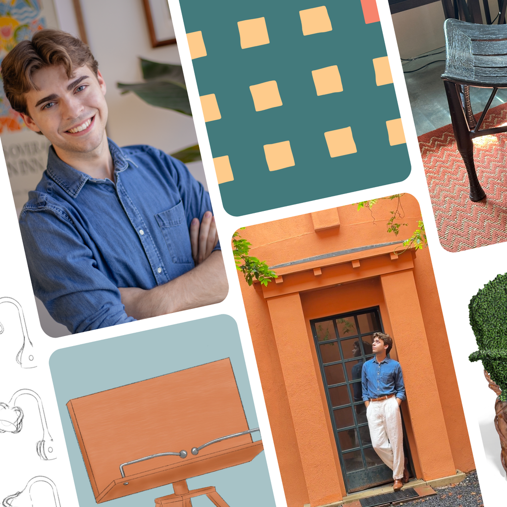 collage image with a young person in blue shirt, a pattern, a 3-d easel, a bench, a commode, a young man standing in an orange doorway