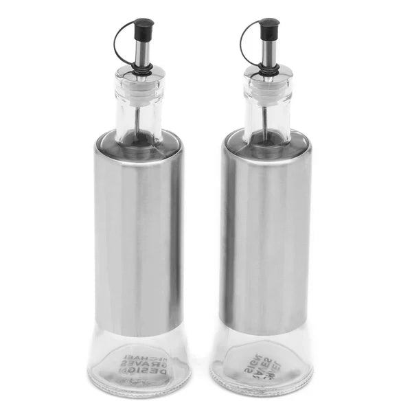 Essence 2 Piece 10 Ounce Stainless Steel Oil and Vinegar Set with Clear Glass Bottoms, Silver