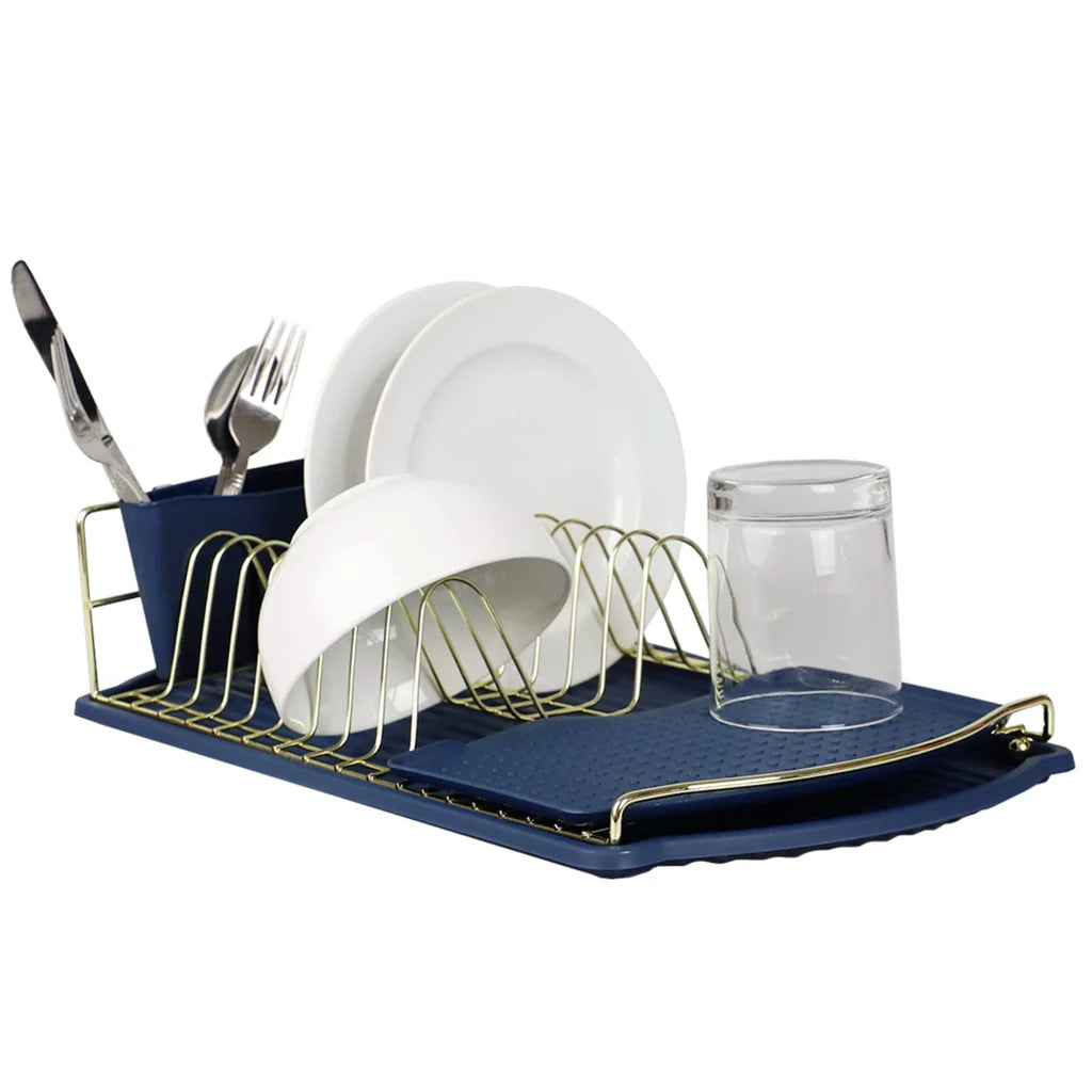 Gold Finish Steel Wire Compact Dish Rack with Oversized Utensil Holder, Indigo