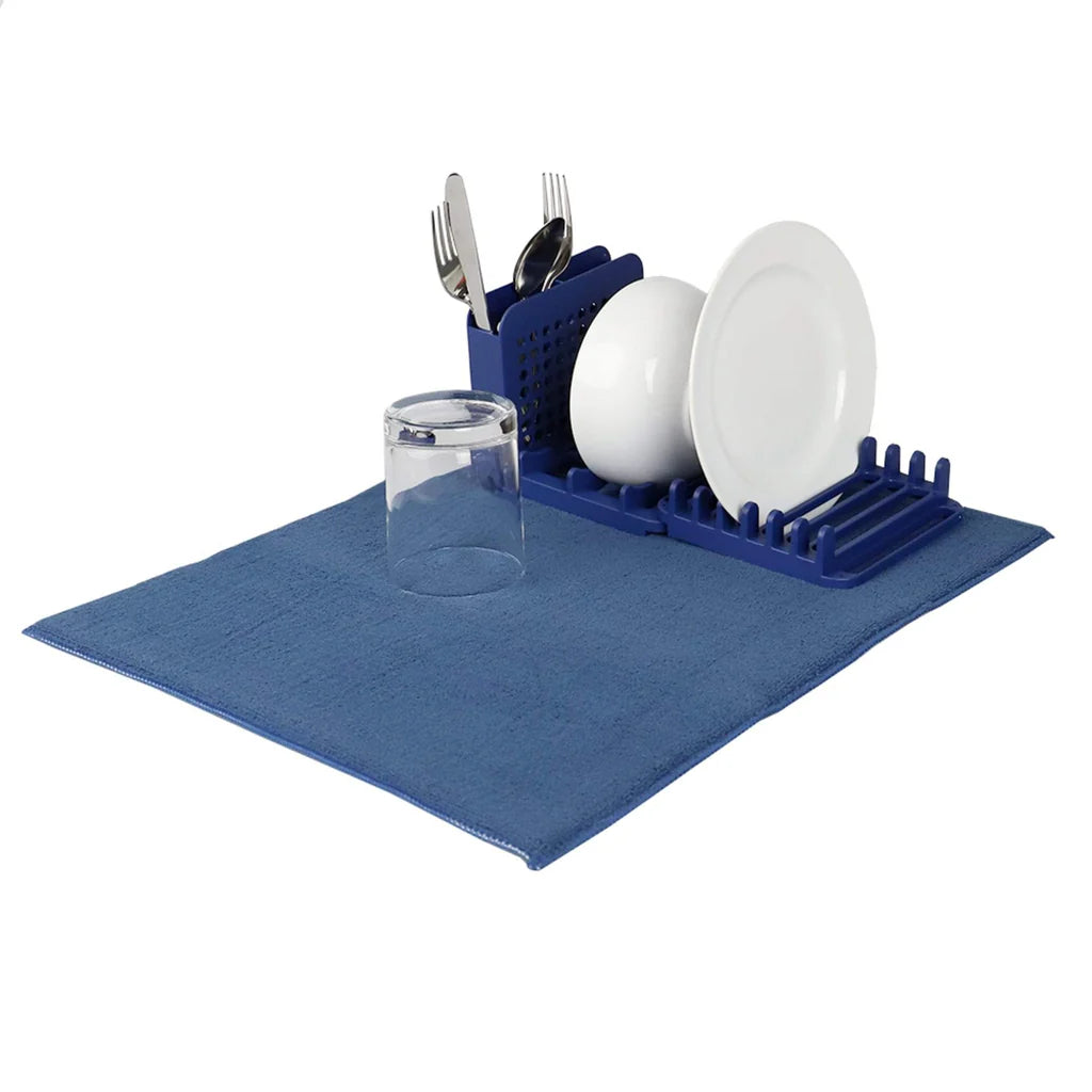 4 Section Plastic  Dish Drying Rack with Super Absorbent Microfiber Mat, Indigo