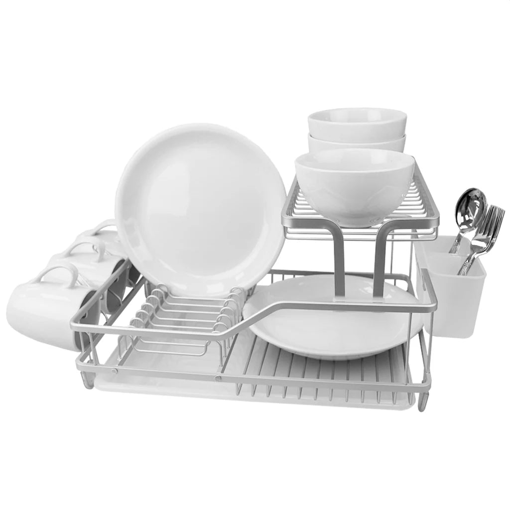 Elevated 2 Tier  Aluminum Dish Rack with Anti-Skid Feet and Removable Utensil Holder, Grey