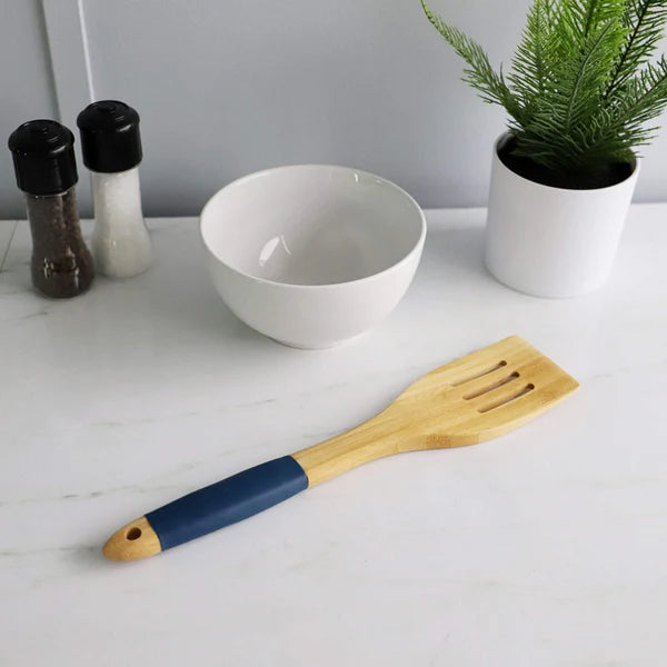 Slotted Bamboo Spatula with Indigo Silicone Handle