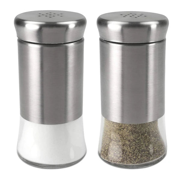 Essence 2 Piece 2.5 Ounce Stainless Steel Salt and Pepper Set with Clear Glass Bottoms, Silver