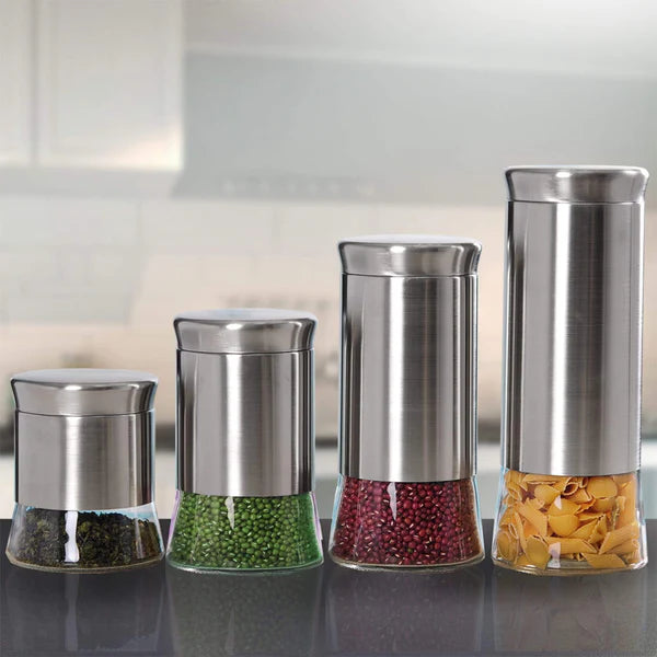 Essence 4 Piece Stainless Steel Canister Set with Clear Glass Bottom, Silver