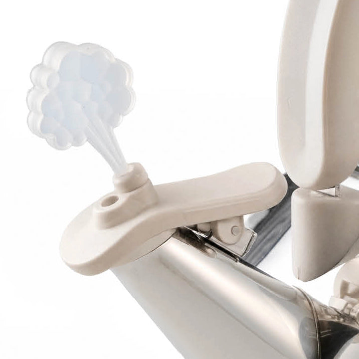 A close-up of a kettle with a translucent cloud-shaped refill cap attached, shown against a clean white background.