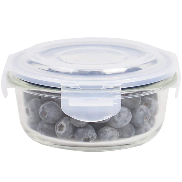 13 Ounce High Borosilicate Glass Round Food Storage Container with Indigo Rubber Seal