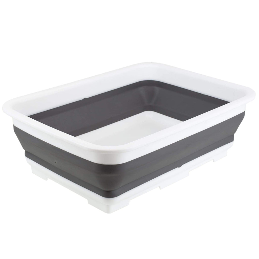Pop Up Collapsible White Plastic and Grey Silicone Dish Pan