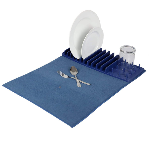 11 Slot Plastic Dish Drying Rack with Super Absorbent Mat, Indigo