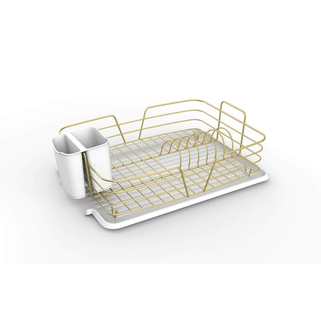 Michael Graves Design Deluxe Dish Rack with Gold Finish and Removable Utensil  Holder, White/Gold, KITCHEN ORGANIZATION