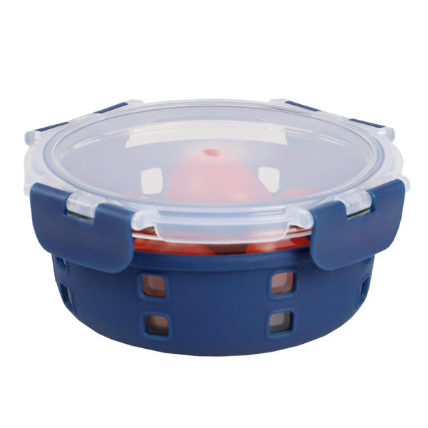 Round 21 Ounce High Borosilicate Glass Food Storage Container with Plastic Lid, Indigo