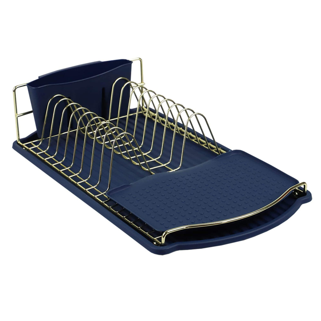 Gold Finish Steel Wire Compact Dish Rack with Oversized Utensil Holder, Indigo