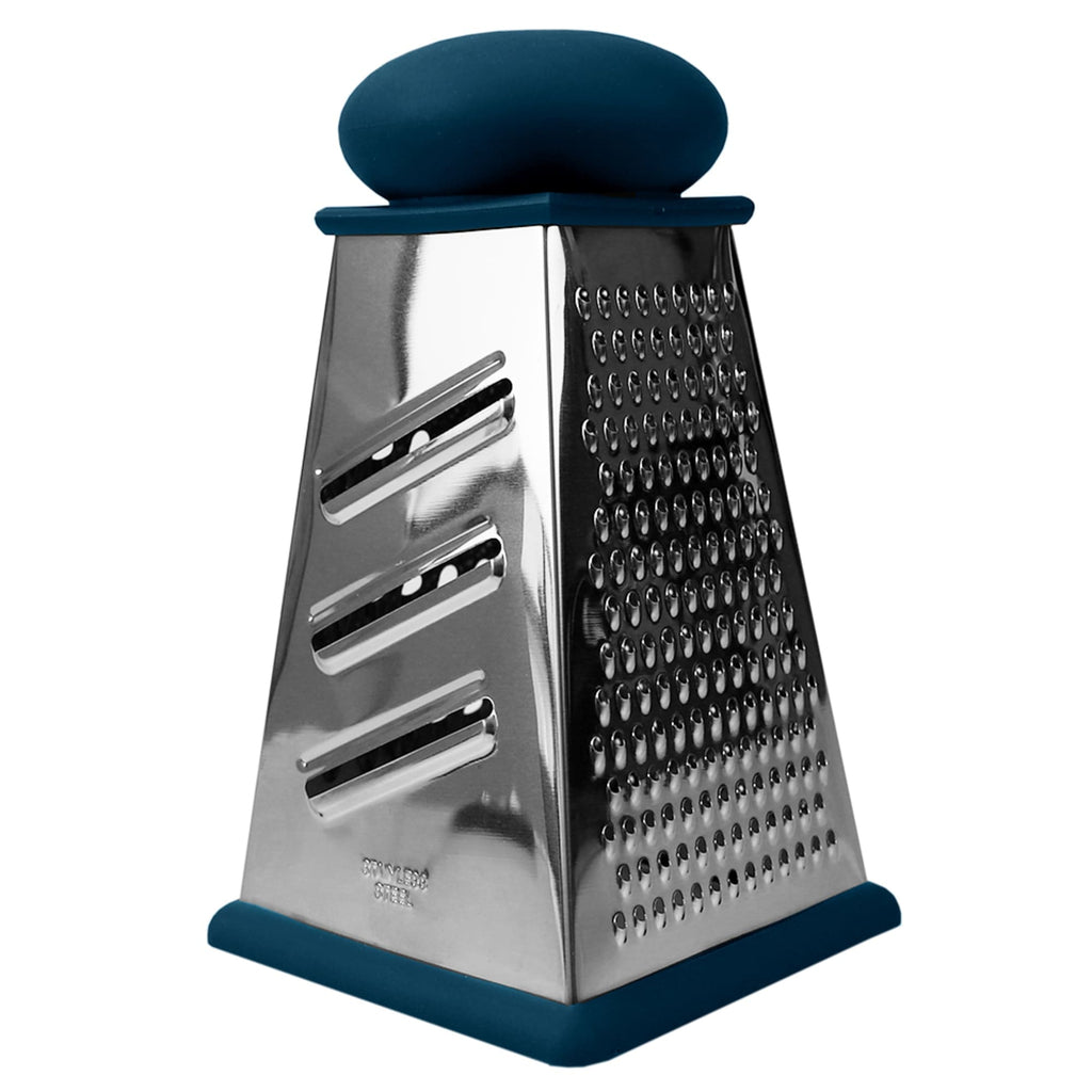 Comfortable Grip Non-Skid  Pyramid Shaped Stainless Steel Box Cheese Grater with Handle,  Indigo