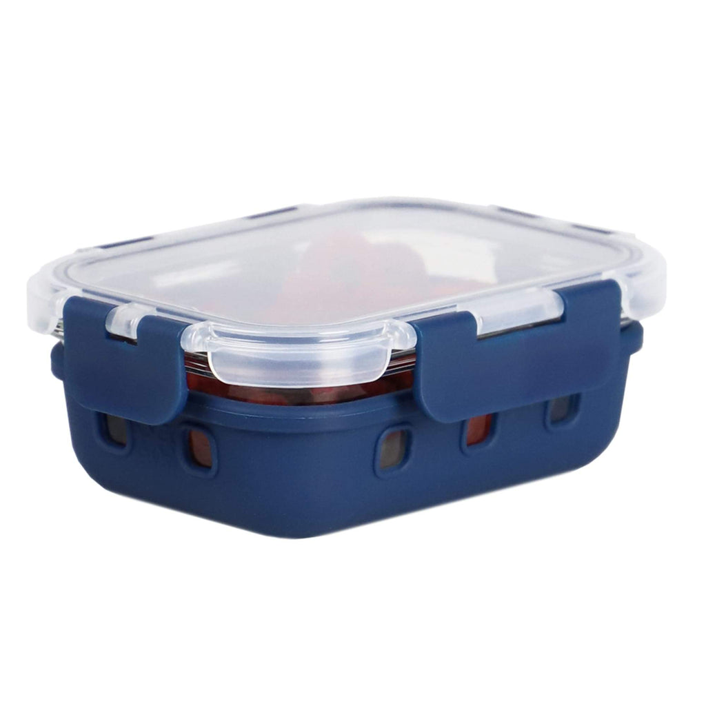Rectangle Small 12 Ounce High Borosilicate Glass Food Storage Container with Plastic Lid, Indigo
