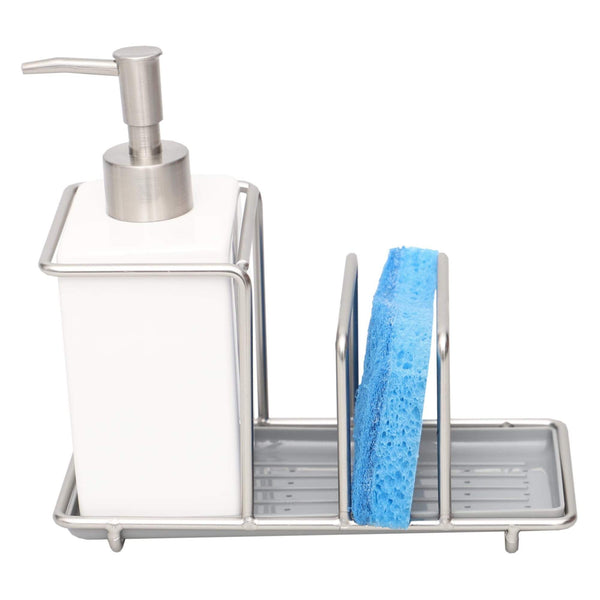 Steel Kitchen Sink Caddy Station with 10 Ounce Ceramic Soap Dispenser, Satin Nickel