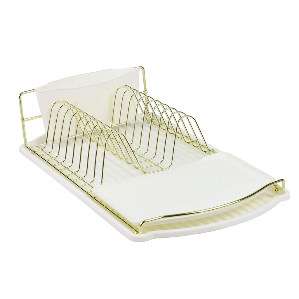 Gold Finish Steel Wire Compact Dish Rack with Oversized Utensil Holder, White