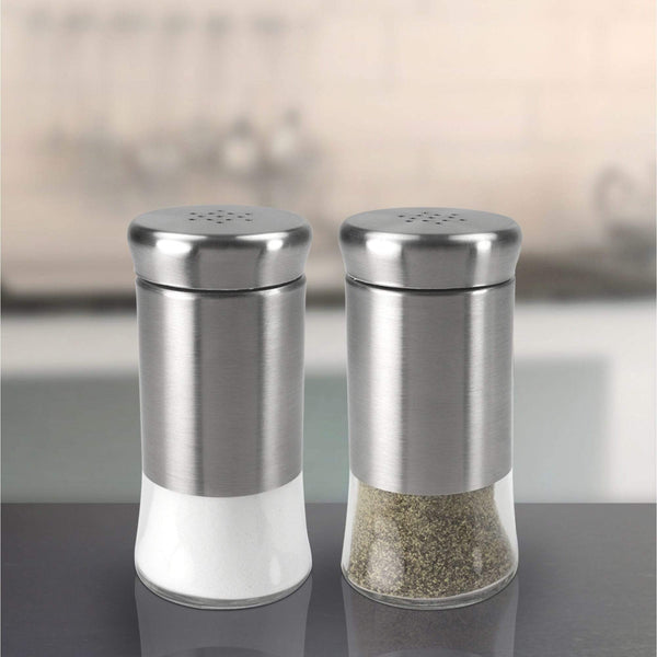 Essence 2 Piece 2.5 Ounce Stainless Steel Salt and Pepper Set with Clear Glass Bottoms, Silver