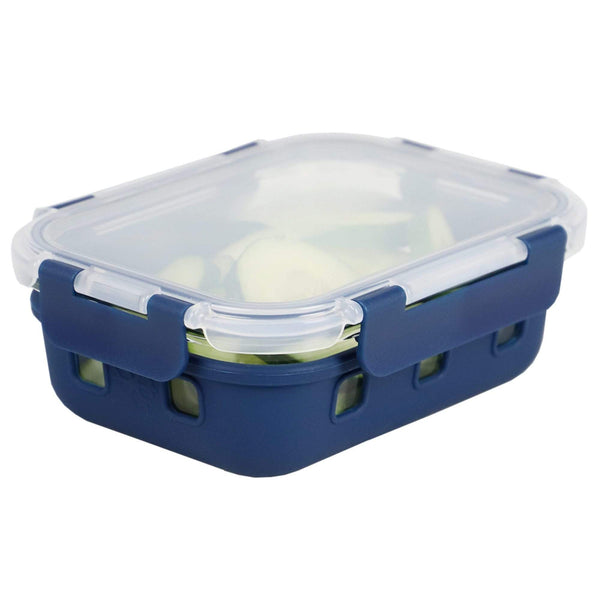 Rectangle Medium 21 Ounce High Borosilicate Glass Food Storage Container with Plastic Lid, Indigo
