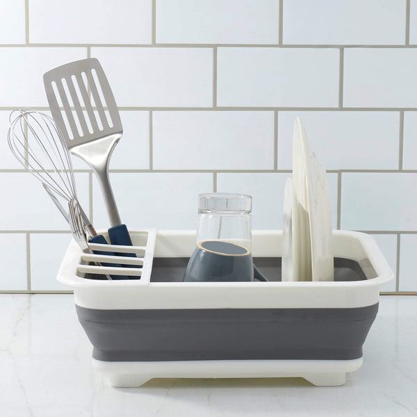 Pop Up Collapsible White Plastic and Grey Silicone Dish Rack